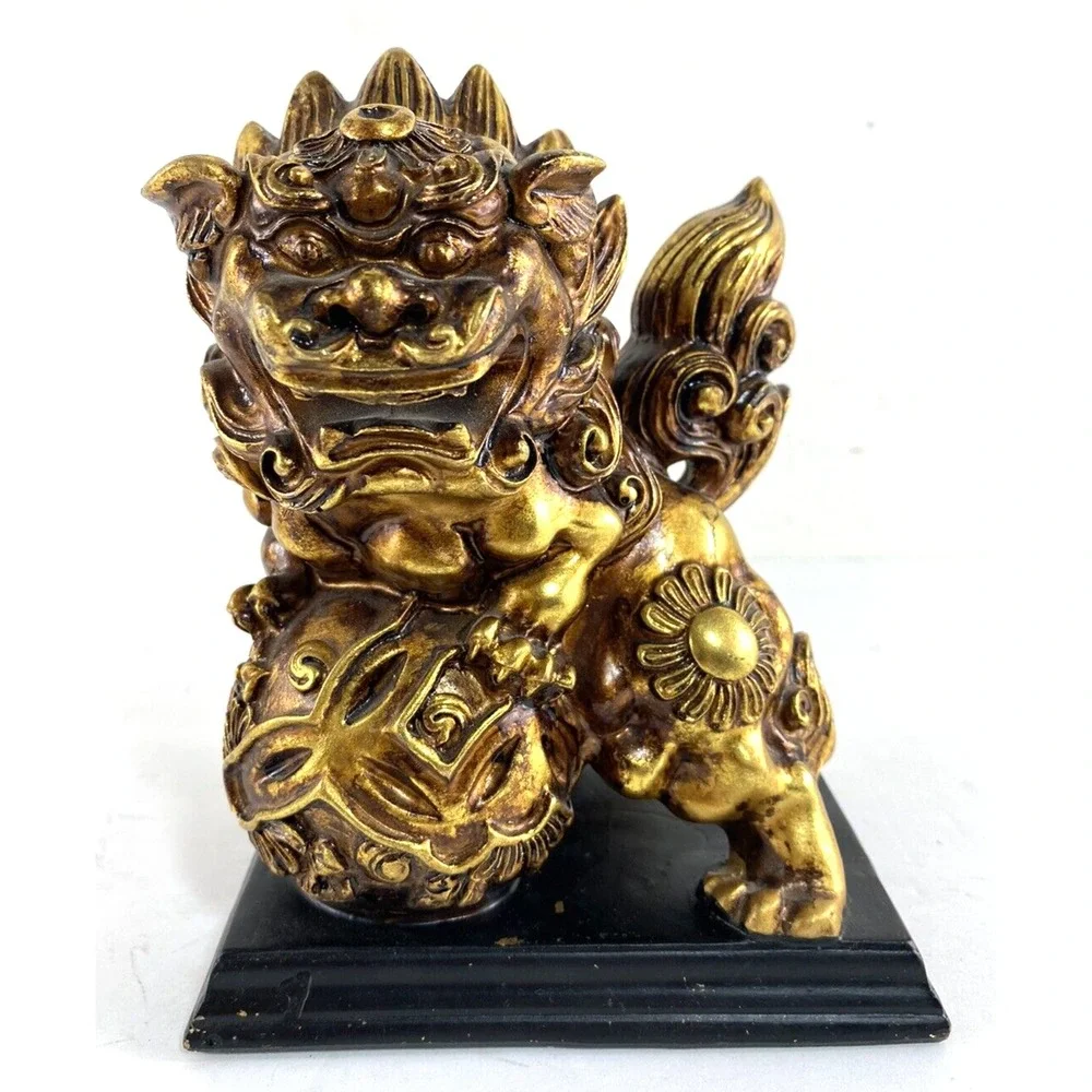 Vtg Foo Dog Gold Color Resin Figurine Dragon Asian Protection Art 7.5